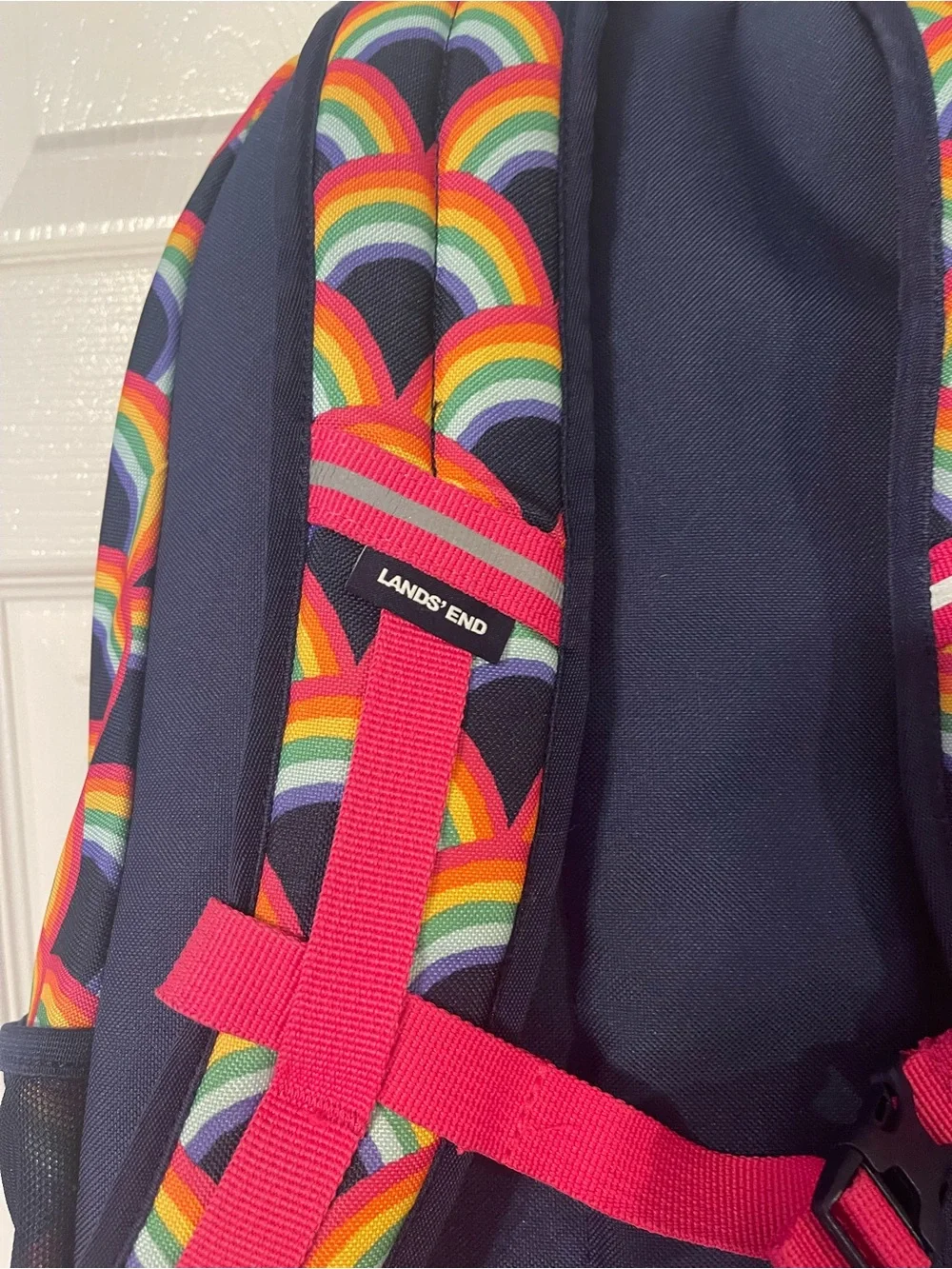 Lands' End Kids ClassMate Large Navy Backpack with Rainbow Print and Pink Trim